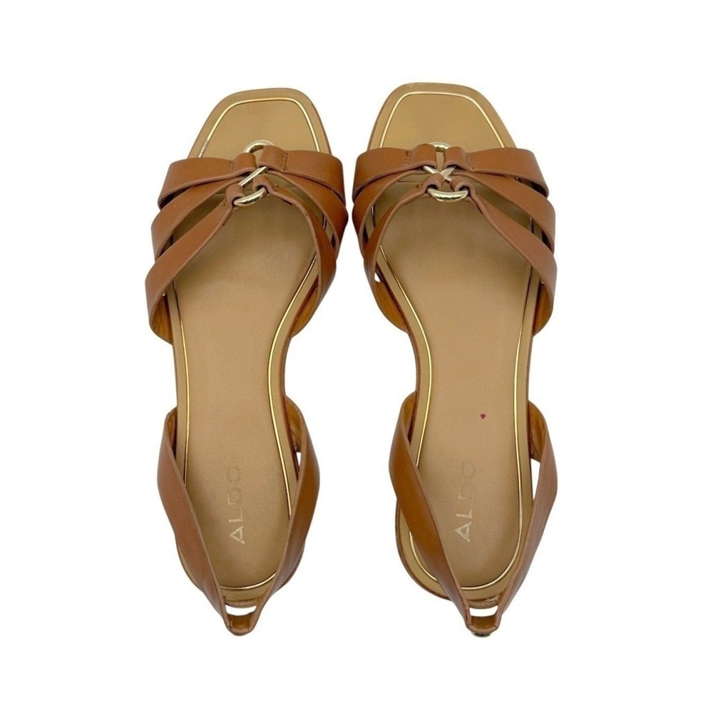 Aldo Womens 8.5 Brown Slingback Sandals Flats Gold Bit Square Toe Flat Old Money